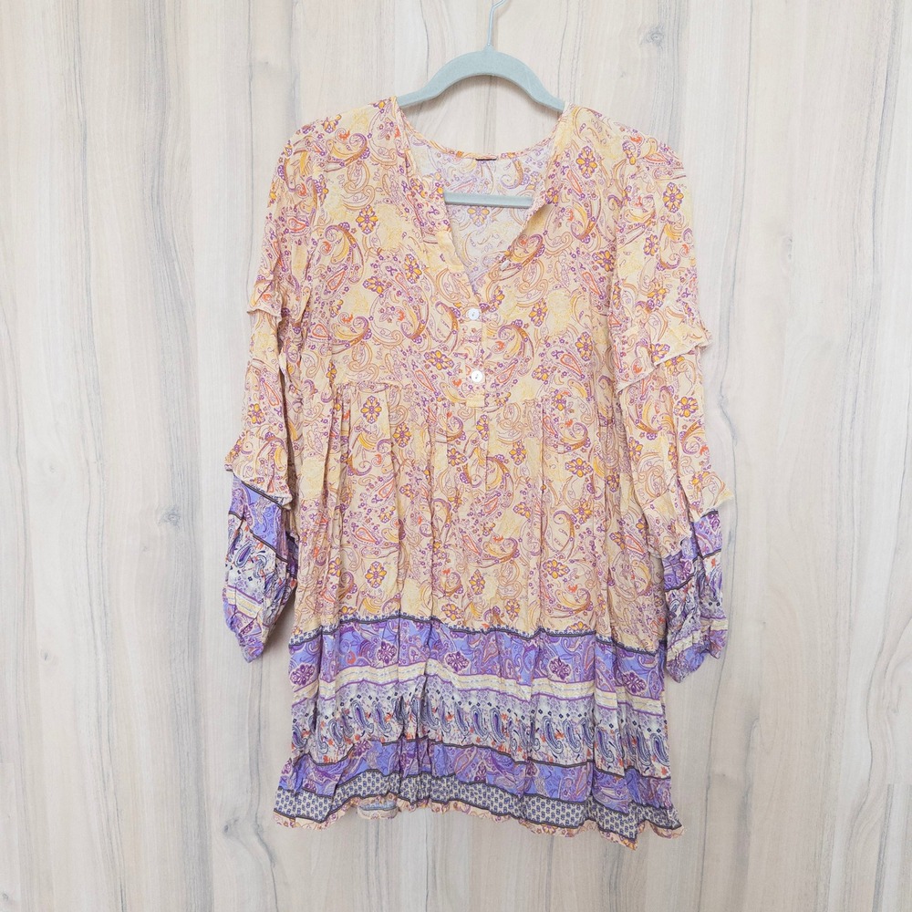 Womens Patchwork Boho Blouse M Yellow Purple Paisley Peasant Hippie Festival